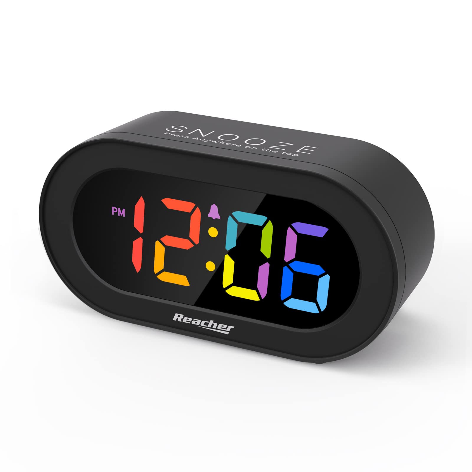 REACHER Small Digital Rainbow LED Alarm Clock with Snooze, Easy to Use, Full Range Brightness Dimmer, Adjustable Alarm Volume, O