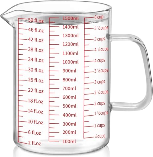 Luvan 50oz/6 Cups Glass Measuring Cup  Easy to Read with 3 measurement scales (Ml/Oz/Cup)  Insulated Handle and V-shaped Spout  High Borosilicate Glass Measuring Cup  Ideal for Kitchen or Restaurant