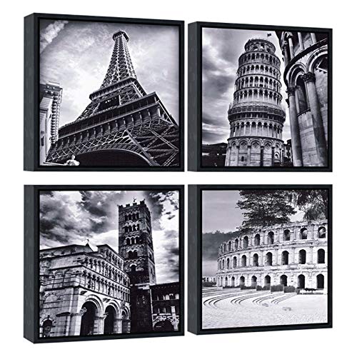 Wieco Art Framed Wall Art Architectures Modern 4 Panels Giclee Canvas Prints Europe Buildings Black And White Landscape Canvas W