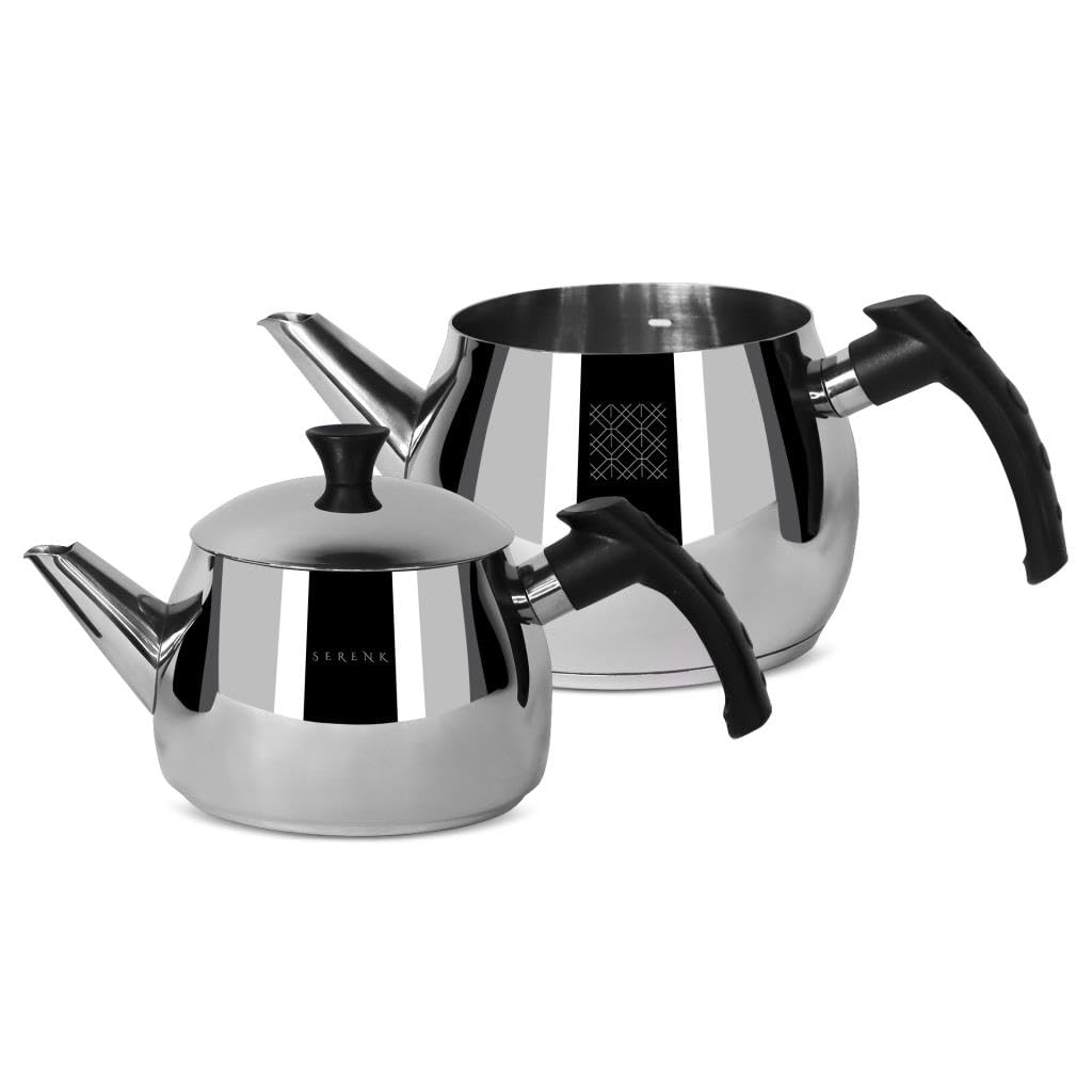 Serenk Traditional Turkish Tea Pot, 18/10 Stainless-Steel Double Tea Pots, Stove Top Turkish Tea Kettle, Rapid Boil,Turkish Teap