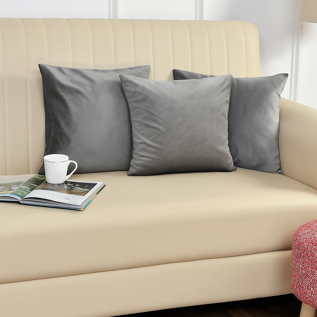 Stuffique Velvet Pillow Solid Plain 190 Tc Cushion Covers Pack Of 3 (16 X 16 Inch) Grey