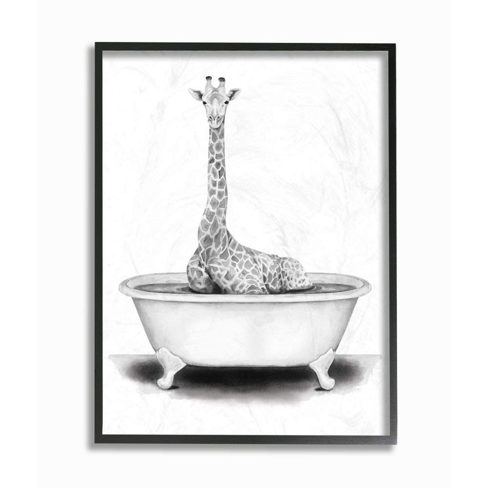 Stupell Industries Giraffe In A Tub Funny Animal Bathroom Drawing, Design By Rachel Neiman Wall Art, 16 X 20, Black Framed