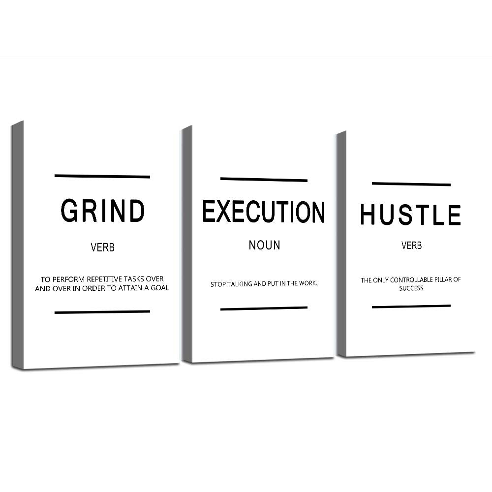 Framed Canvas Wall Art Success Quote, Office Wall Art, White Large Poster, Positive Motivational Set Of 3 Prints, Grind Executio