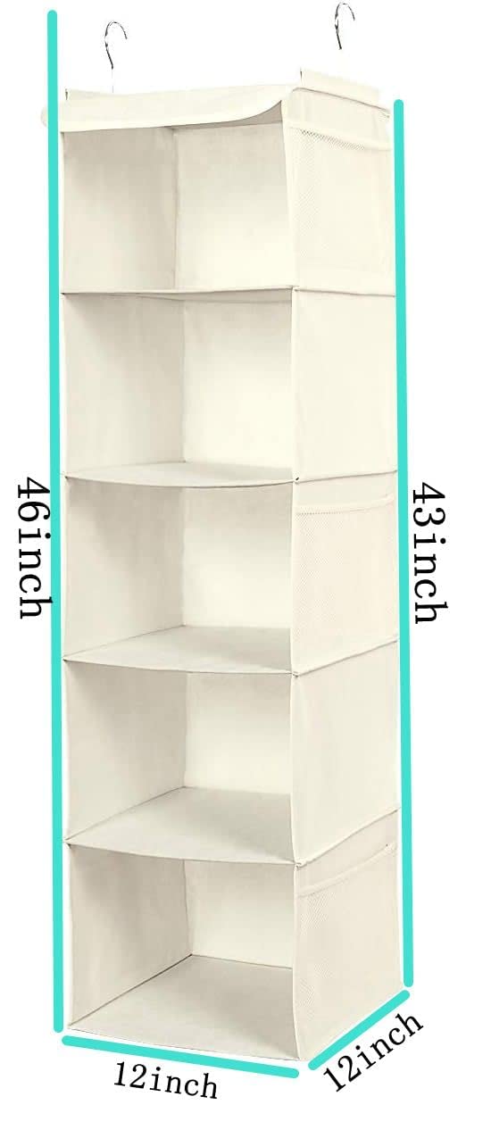BrilliantJo 5 Shelves Hanging Closet Organizer  2 Pack Hanging Storage with 6 Side Pockets for Clothes Shoes  42.5''x11.8''x11.8''(Beige)