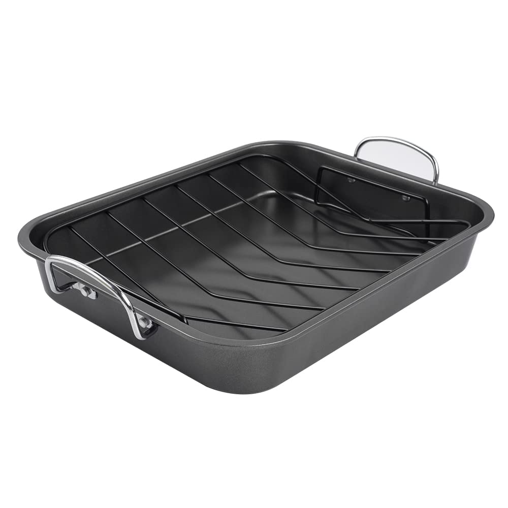 Kitcom Nonstick Roasting Pan, Roaster With Rack - 16 Inch Rectangular Grill Suitable For Turkey, Roast Chicken, Ham, Dishwasher