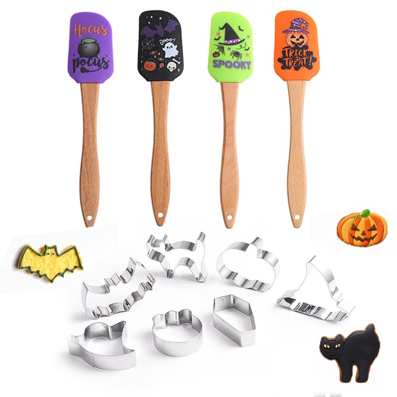 4Pcs Halloween Wooden Handle Silicone Spatula Heat Resistant Silicone Scraper and 7 Piece Halloween Cookie Cutters Set for Cooki