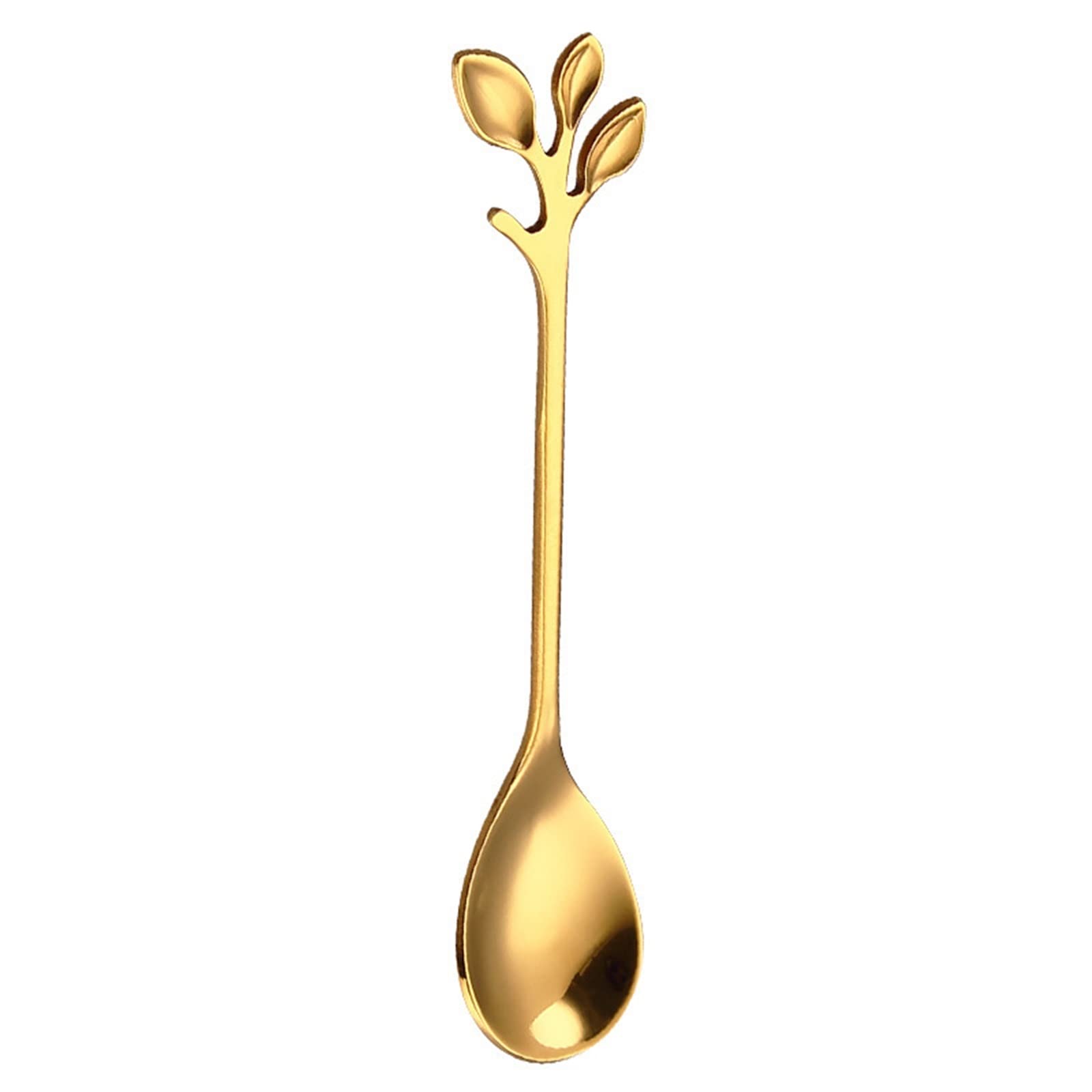 MENGKK Soup Ladles Spoon Fork Stainless Steel Leaf Coffee Scoop Ice Cream Stirring Seasoning Dessert Teaspoon(Gold)