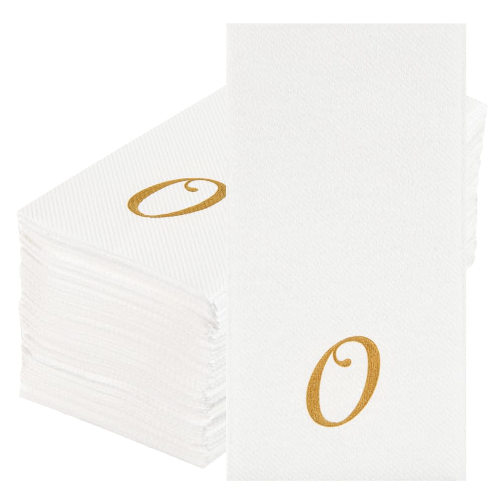 Luxenap 15.8 X 7.9 Inch Linen-Feel Guest Towels, 2000 Lettered Hand Towels - Gold Letter 'O', Cursive Font, White Paper Dinner N