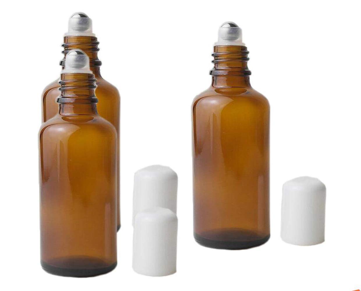 3Pcs 50Ml Empty Refillabl Amber Glass Roller Bottle With Stainless Steel Balls And White Screw Cover For Essential Oil Lip Balms