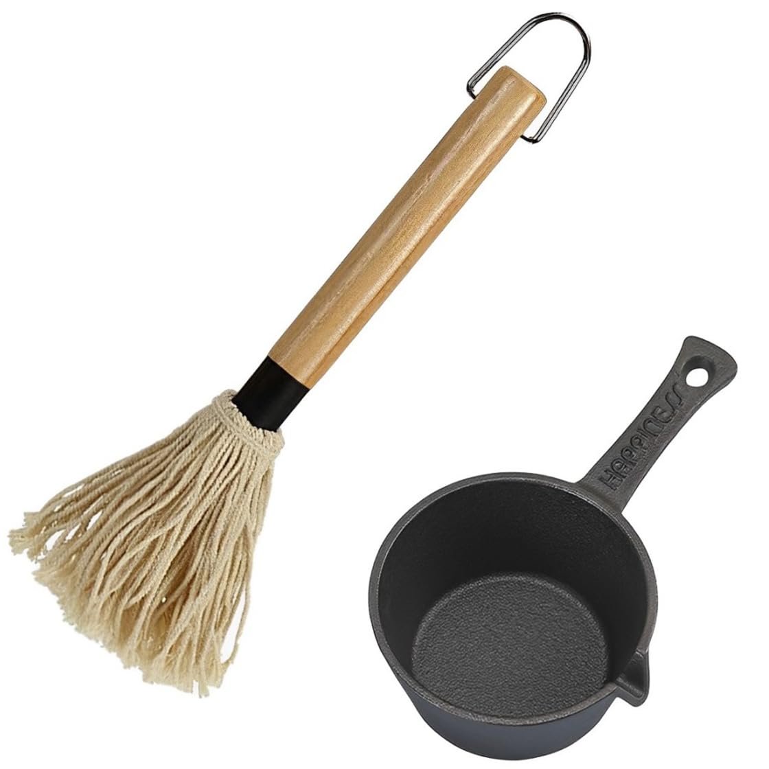Cast Iron Sauce Pot and BBQ Mop Brush Set for Grilling, BBQ Basting Set with Saucepan and Brush Barbecue Accessories Meat Smoker