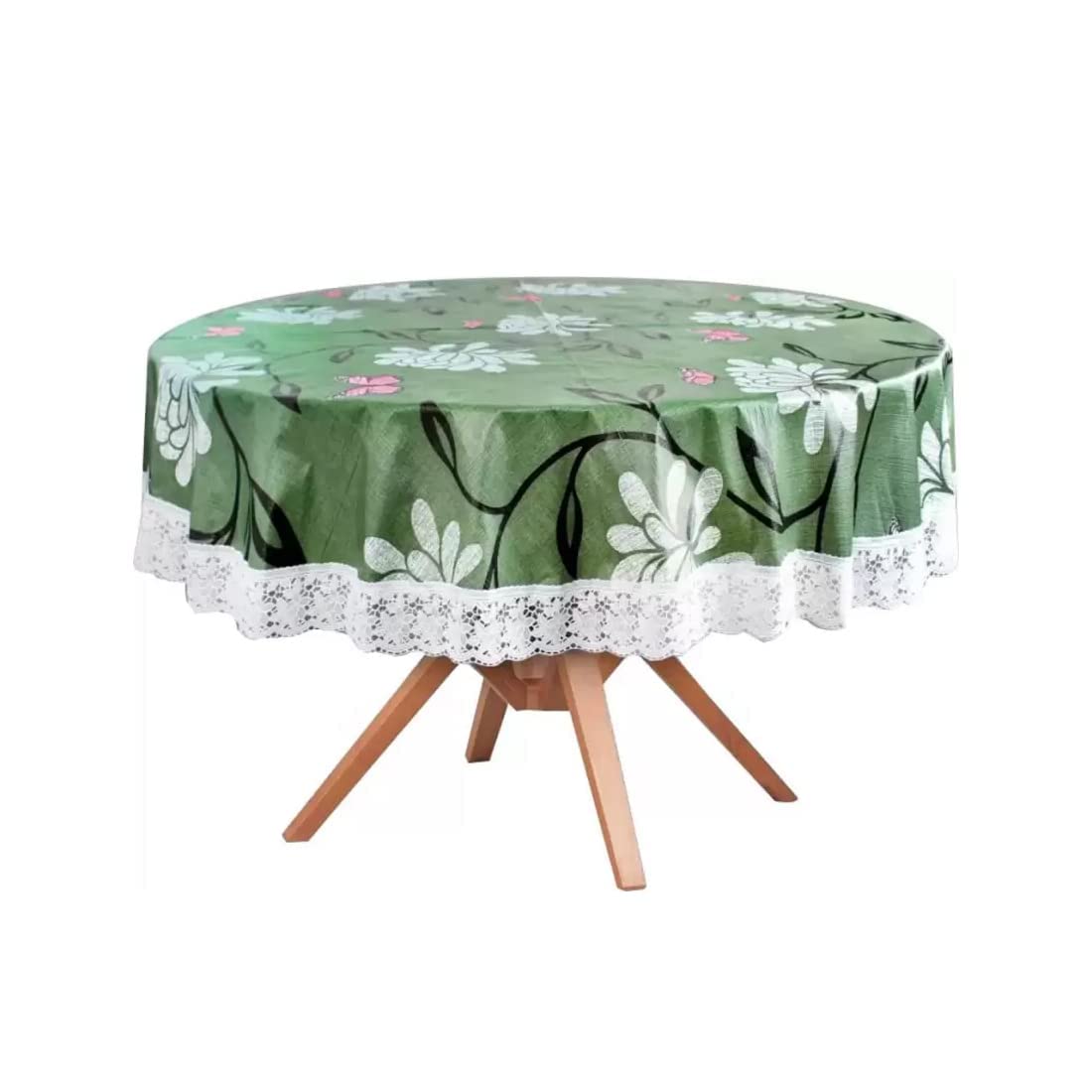 DasHomes PVC Printed 4 Seater Round Dining Table Cover||60 inch in Diameter Green (Design 5)