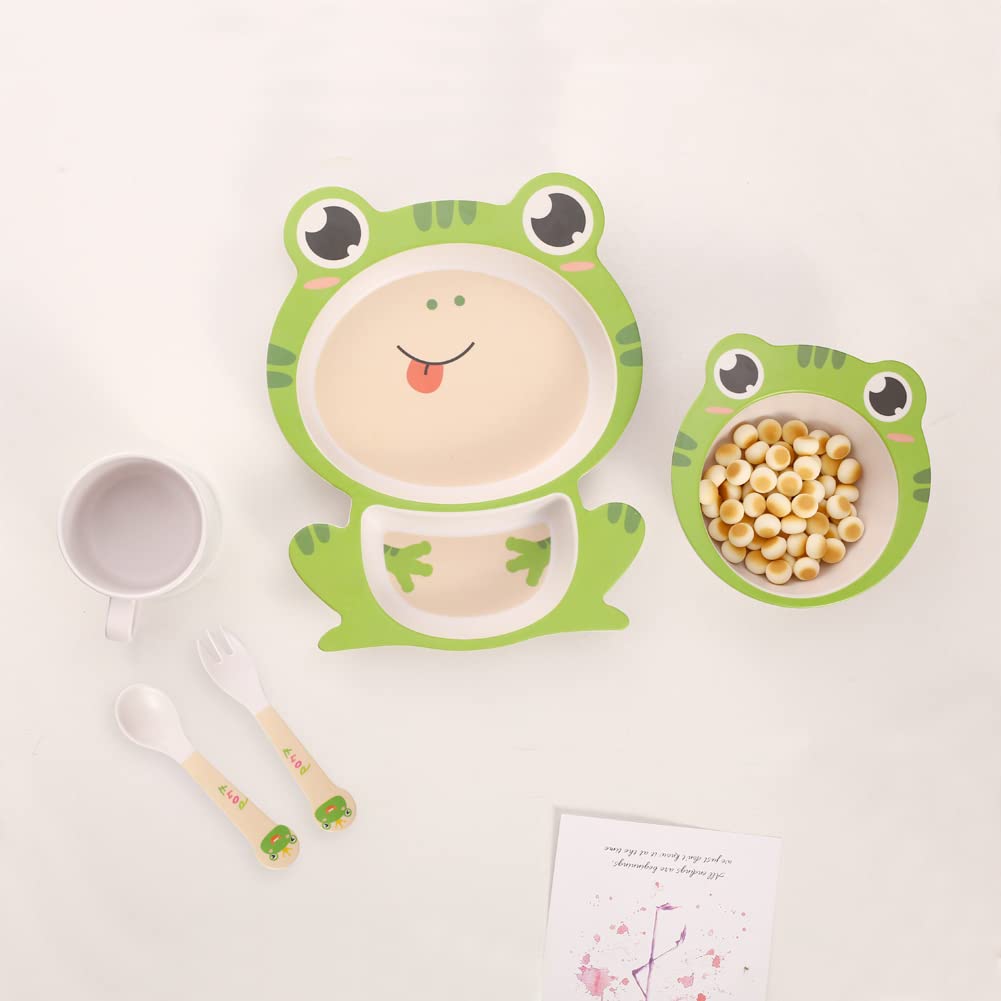 Fekdod Kids Dinnerware Set Bamboo 5 Pcs with Plate Bowl Cup Fork Spoon (Frog)