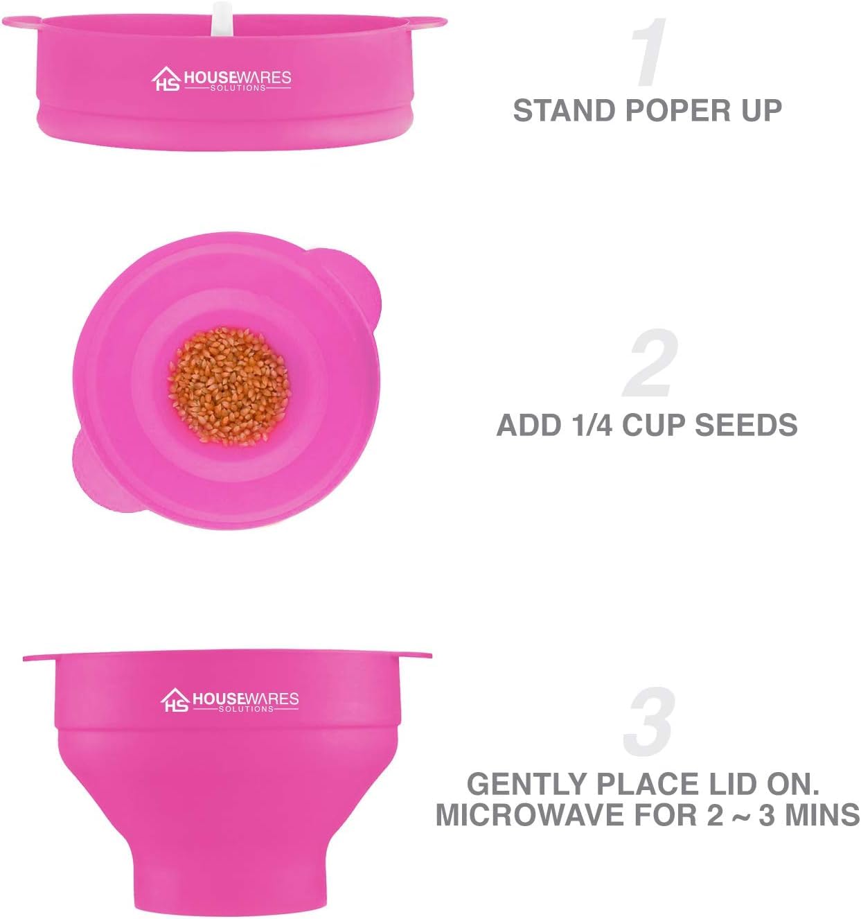 Collapsible Silicone Microwave Hot Air Popcorn Popper Bowl With Lid And Handles (Pink)