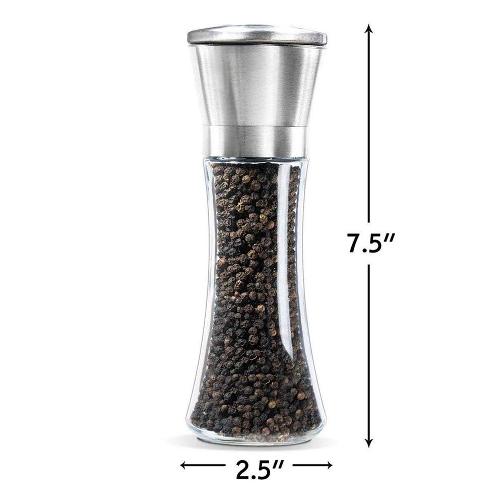 Salt And Pepper Grinder Tall Size - Black Pepper,Herb Shakers Mill Refillable Manual - Stainless Steel Lid - Adjustable Coarsene