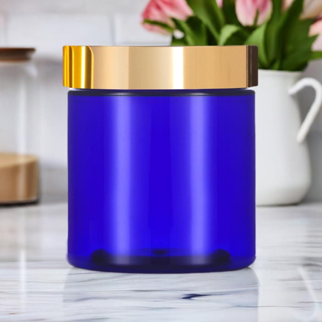 Juvitus 8 Oz Cobalt Blue Plastic Jar With Gold Metal Overshell Lid (12 Pack)