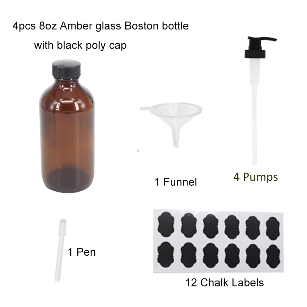 Bpfy 4 Pack 8 Oz Amber Glass Pump Bottles, Boston Round Bottles With Pumps For Lotion, Soap, Massage Oils, Refillable Containers