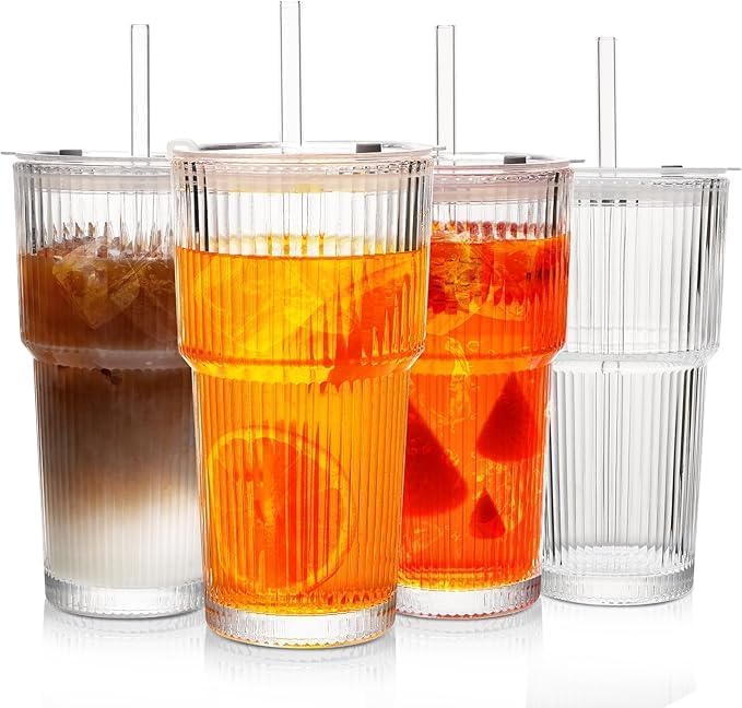 MINGHYZYA 20 oz Glass Tumblers, Iced Coffee Cups with Lids and Glass Straws, Thickened Wall Glass Cups, Ideal for Smoothies, Coc