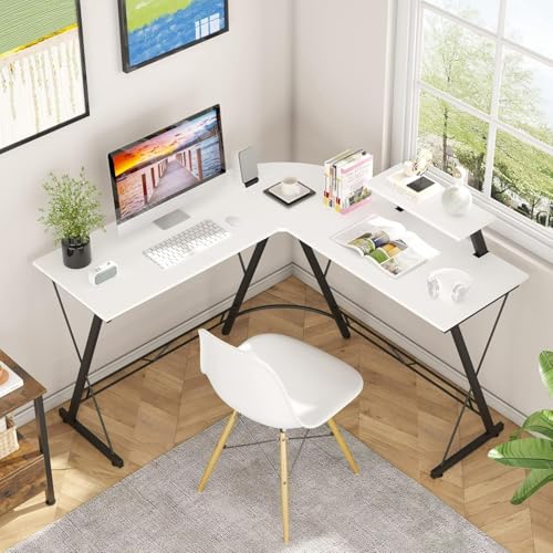 White Mulberry LShape Corner Desk |Diy Assembly| Monitor Raising Shelf | Engineered Wood & Sturdy Steel Leg|Perfect For Office 