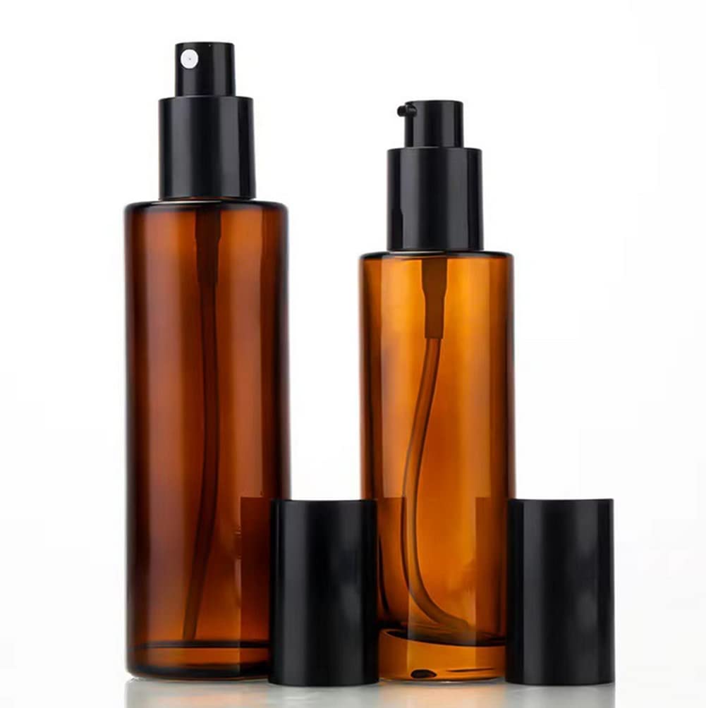 2 Pcs 120Ml 4Oz Amber Glass Travel Bottles Leakproof Pump Bottles Lotion Dispenser Bottle Jar Soap Dispenser Cosmetics Container