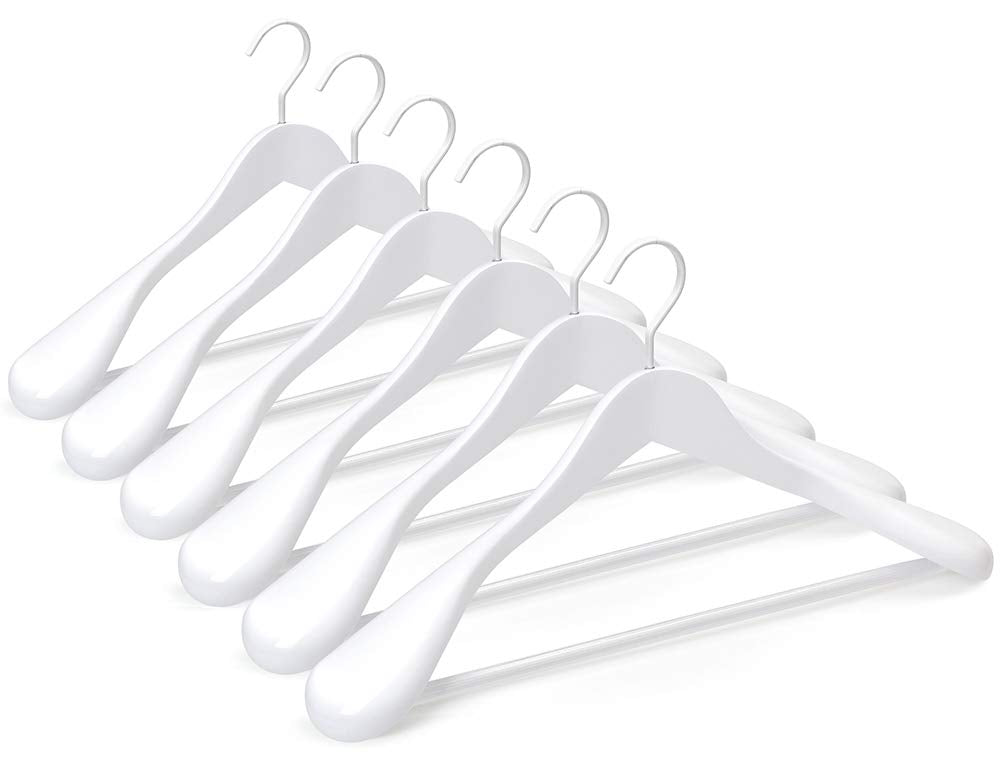 Topia Hanger White Wooden Coat Hanger 6 Pack, Wood Suit Hangers,Glossy Finish With Extra-Wide Shoulder, Thicker White Hooks & An