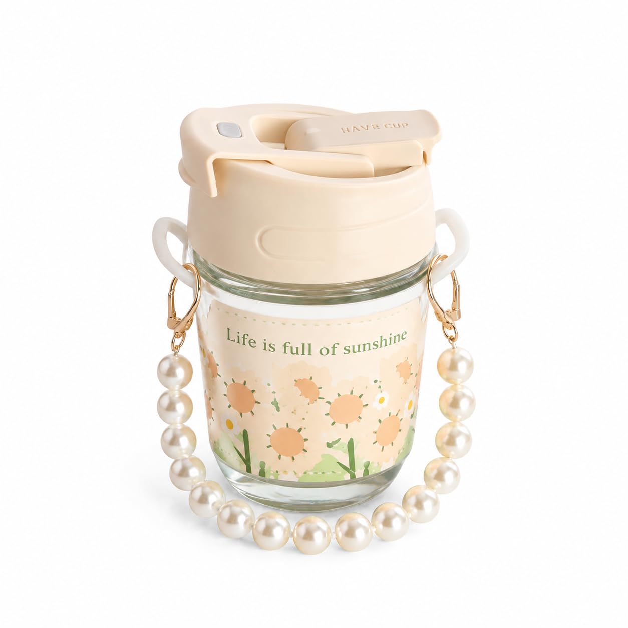 Travel Glass Mug with Pearl Handle & Flip Lid, Portable Glass Coffee Cup with LeakResistant Lid, Reusable Drinking Tumbler for 