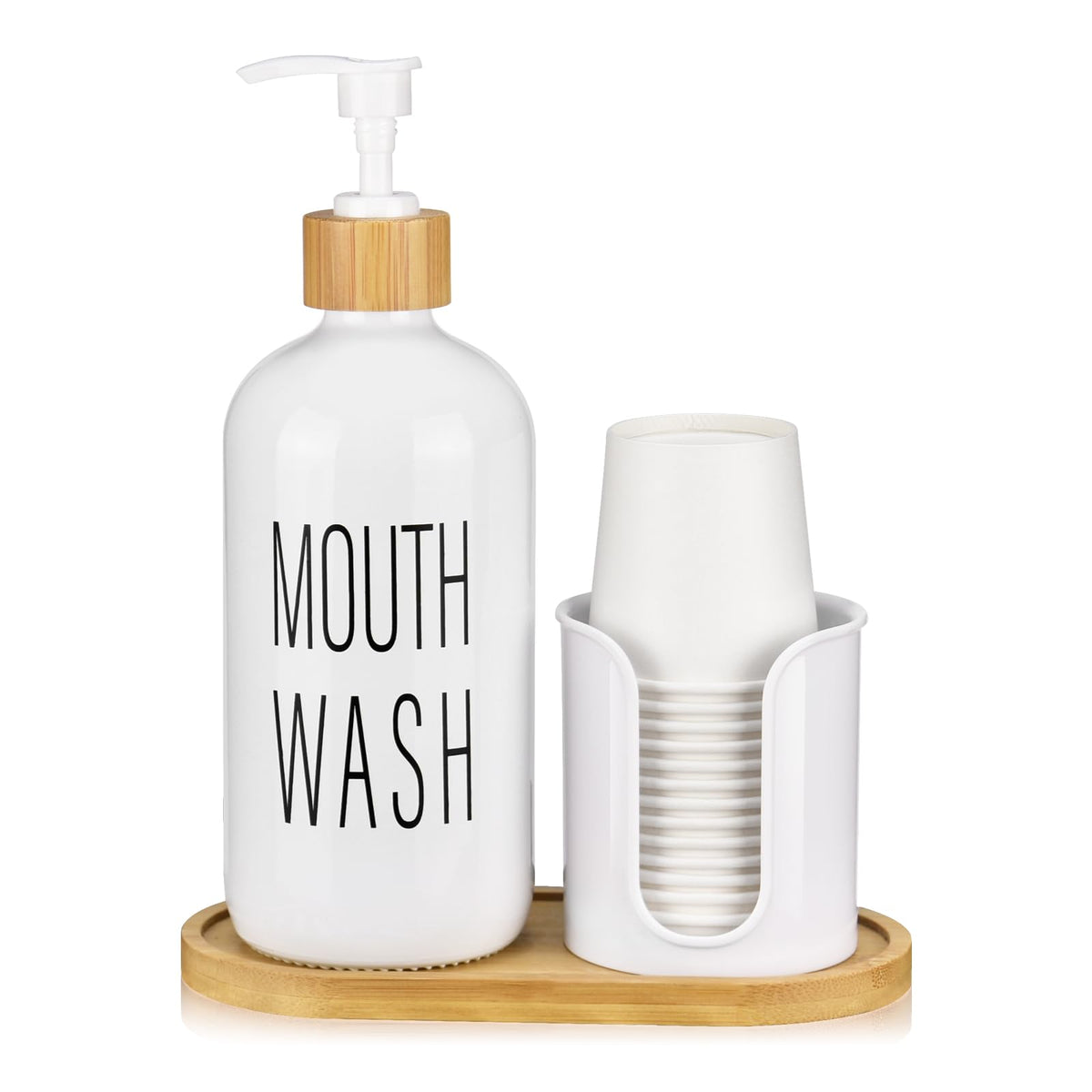 Byaway Glass Mouthwash Dispenser With Cup Holder - 16 Oz Pump Bottle White Mouthwash Container For Bathroom - 14 Mouthwash Cups,