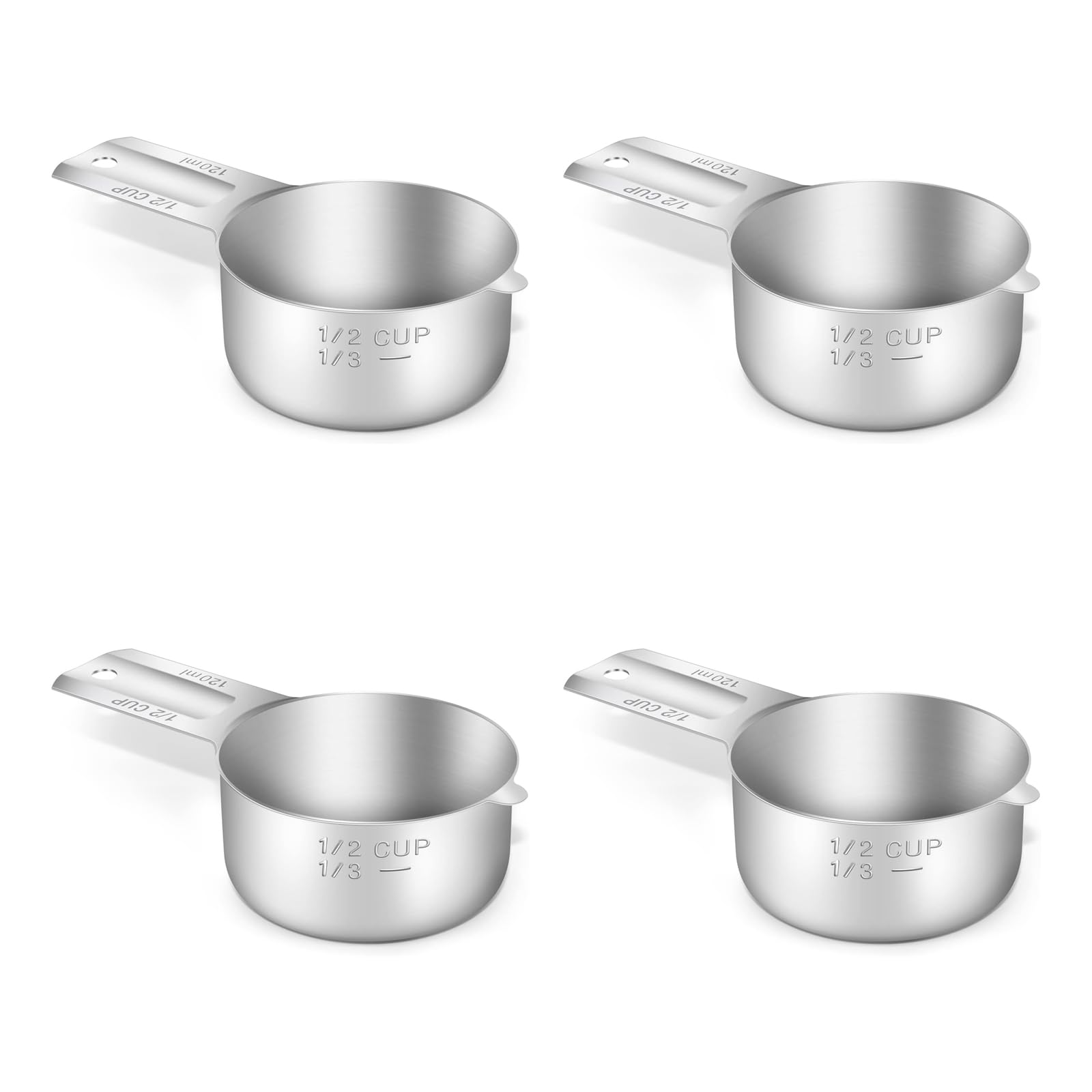 BERYLER 4PCS 1/2Cup (120ml, 4oz) Single Measuring Cup, Stainless Steel Measure Scoop, Metric and US Measurement, Dishwasher Safe