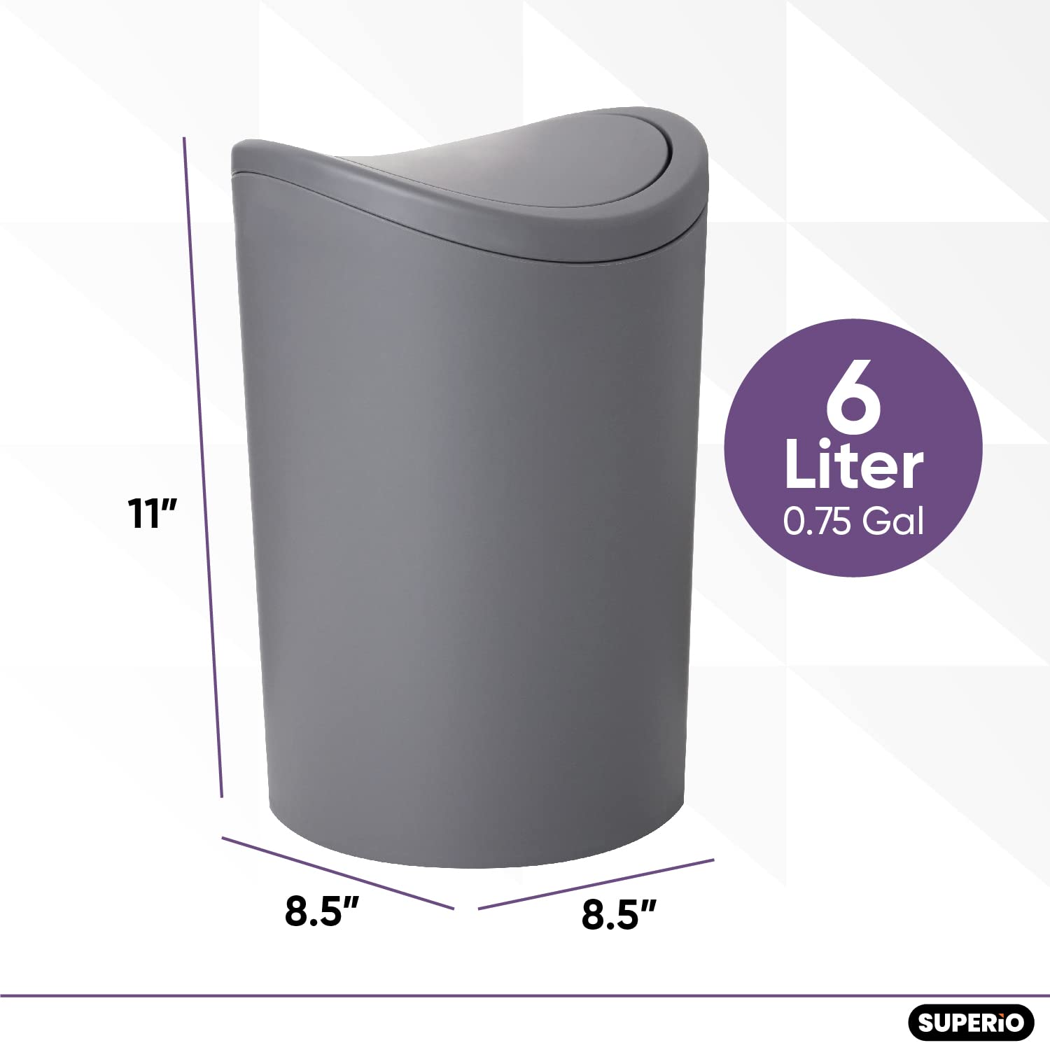 Superio Small Bathroom Trash Can With Lid, Modern Grey Mini Waste Bin With Swing Lid (1 1/2 Gallon, 6 Liter) Plastic Garbage Can