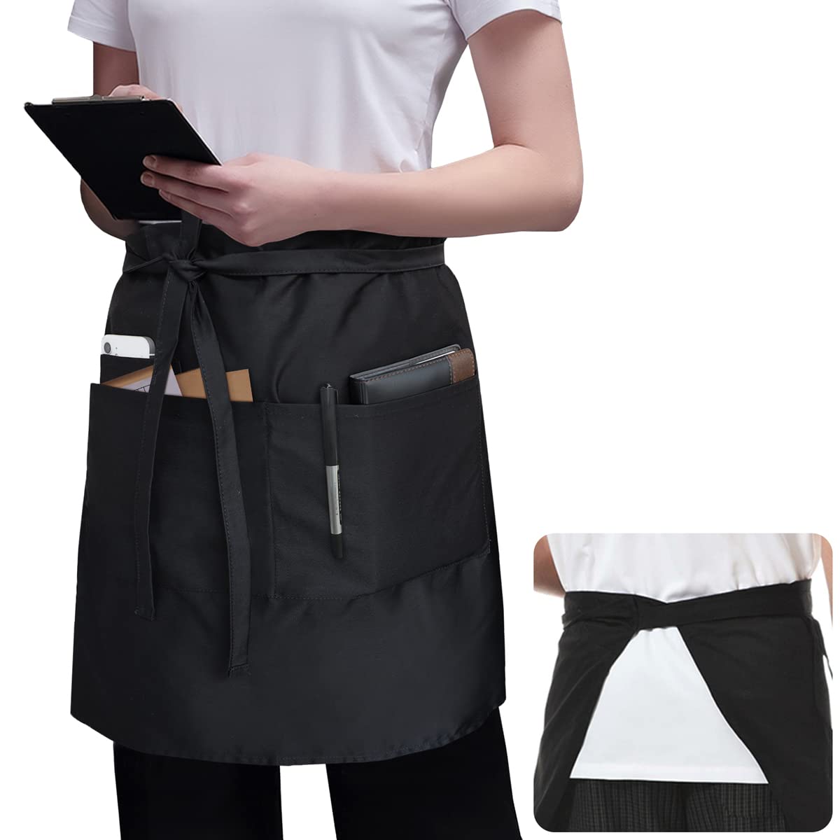 Rotanet Server Aprons Half Bistro Apron With 3 Pockets 22 Inch Long Large Restaurant Waist Apron For Men Women Waterproof Black