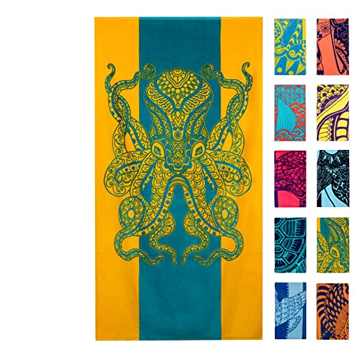 Nova Blue Octopus Beach Towel (34 X 63) - Orange & Teal Colorway With Tropical Design Travel Beach Towel Made From 100% Cotton -