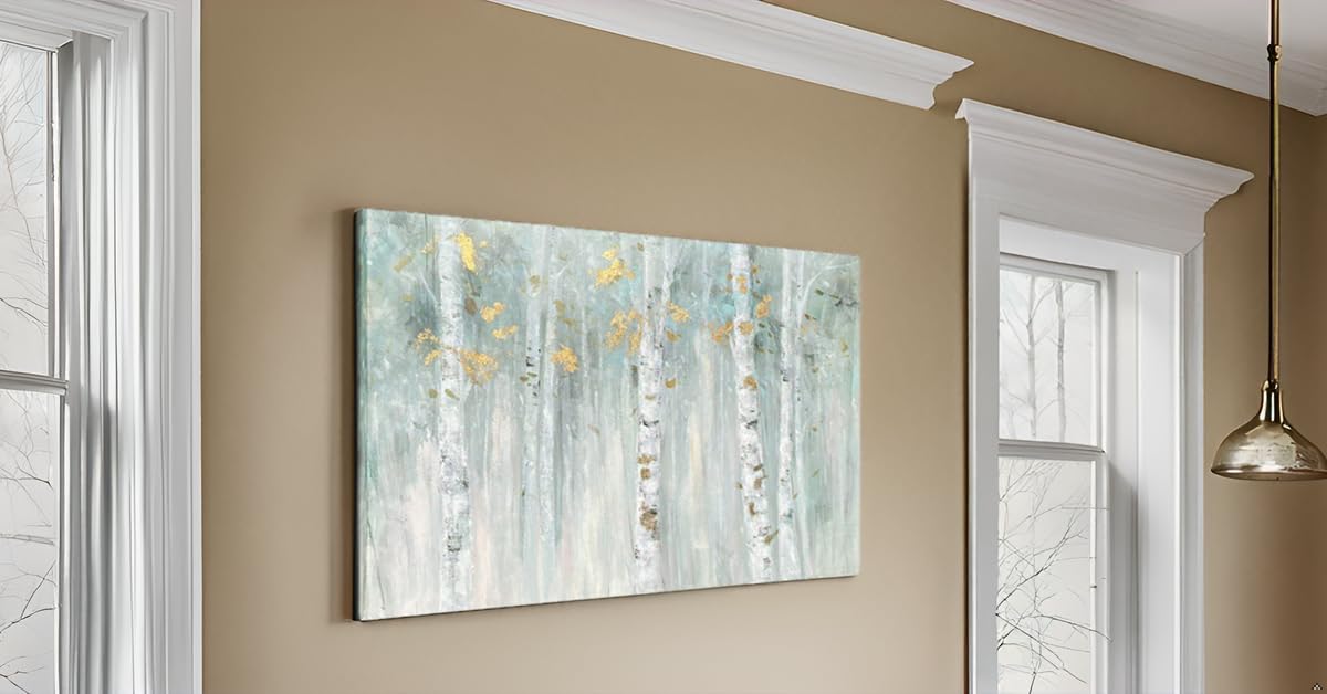 Yihui Arts Birch Tree Canvas Wall Art With Gold Foil - Abstract Forest Paintings With Textured - Green Landscape Pictures For Li