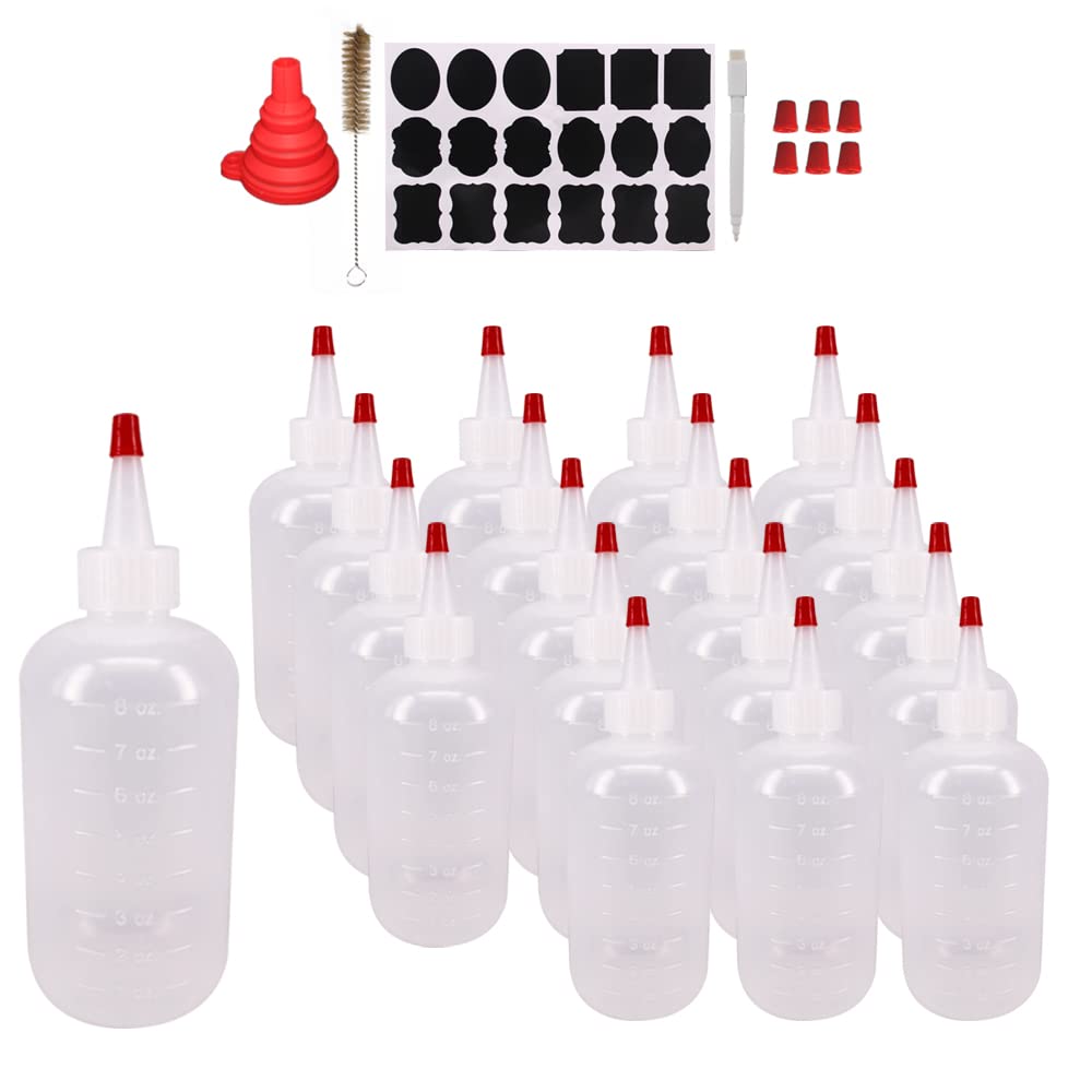 Belinlen 20 Pack 8-Ounce Plastic Squeeze Bottles With 20Pcs Red Tip Caps And Measurement - Good For Crafts, Art, Glue, Multi Pur