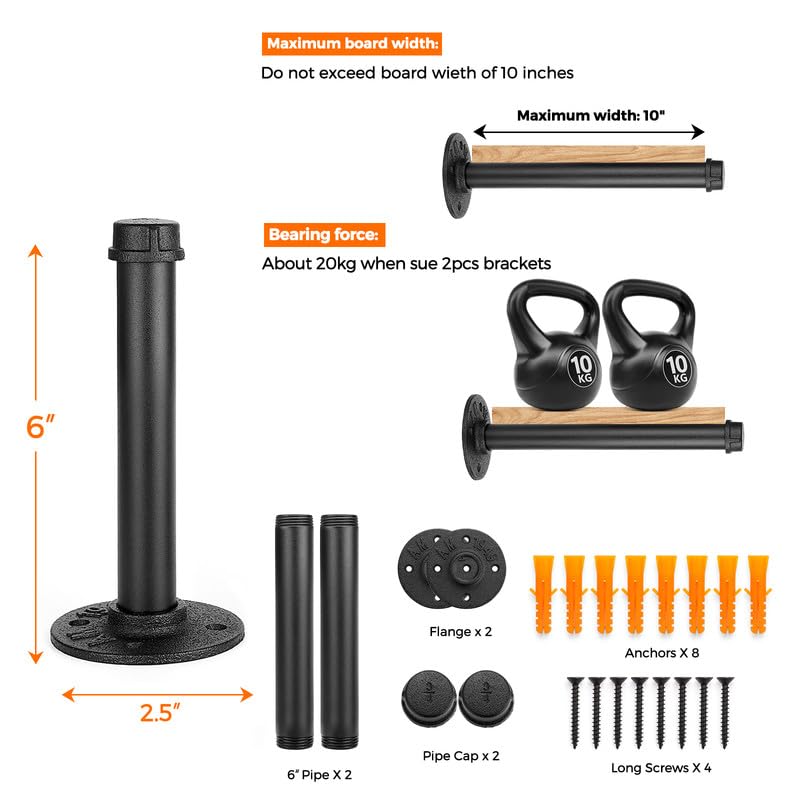 Home Expert 6 Inch Black Industrial Pipe Floating Clothing Rack Wall Mounted, Heavy Duty Garment Rack For Hanging Clothes, Multi