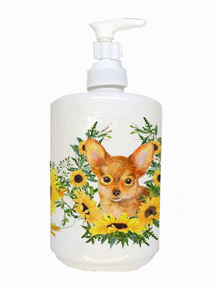 Caroline'S Treasures Ck2914Soap Toy Terrier In Sunflowers Ceramic Soap Dispenser Hand Soap Dispenser Pump Bottles For Bathroom K