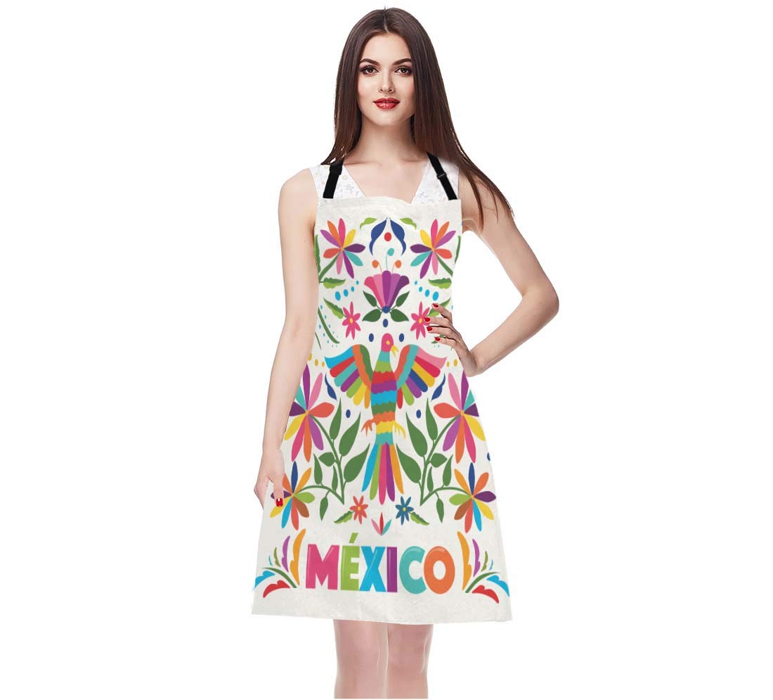 Ekobla Birds Aprons Colorful Mexico Traditional Texture Vibrant Floral Pattern Leaves Waterproof Resistant Chef Cooking Kitchen