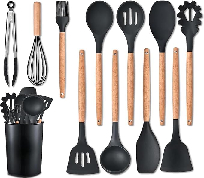 Sunbeet 12 Pcs Silicone Spatula With Wooden Handle Spatula For Cooking NonStick Spatula Flexible Kitchen Utensil Set 12Pcs