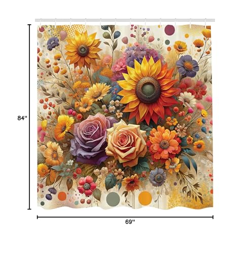 Ambesonne Colorful Shower Curtain, Spring Happiness Of Farmhouse Concept Art Sunflower And Rose Huddles, Cloth Fabric Bathroom D
