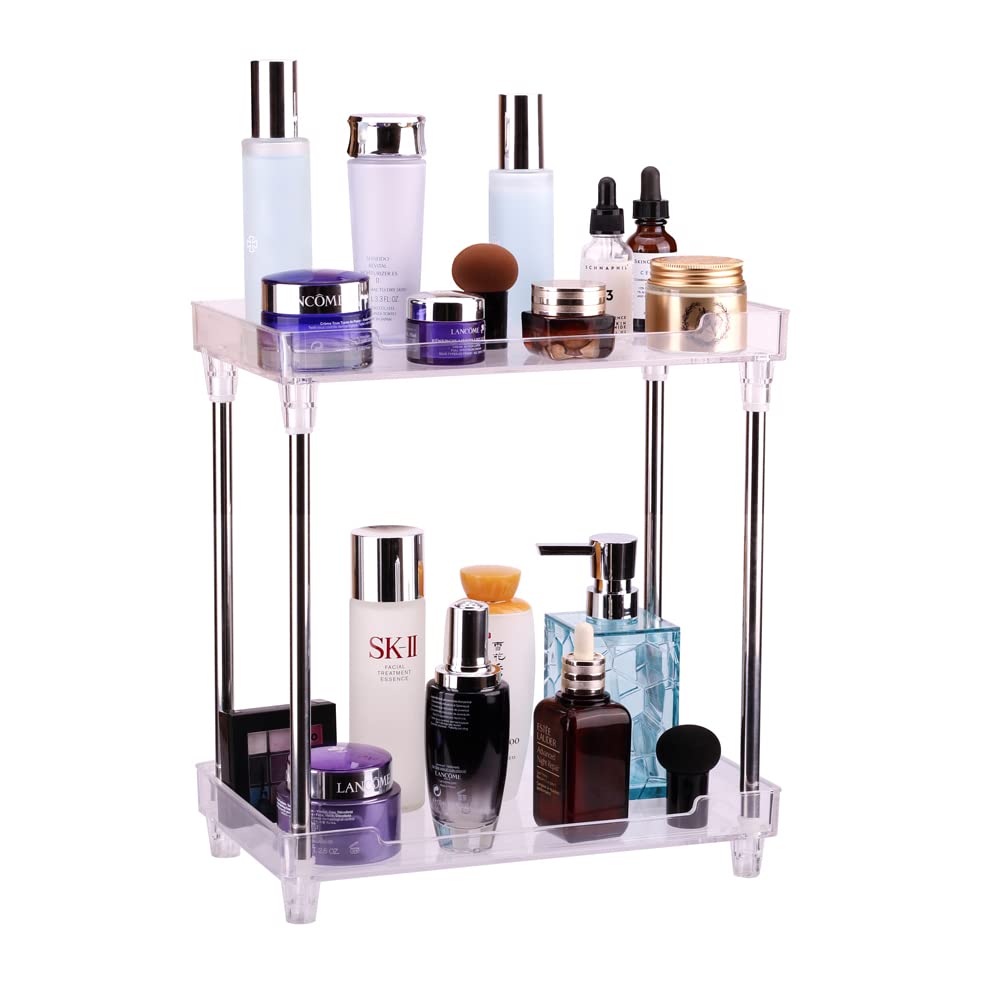 Afoobezos 2-Tier Storage Shelves, Multifunctionl Vanity Makeup Organizers, Clear Display Tray Caddy Stand For Bathroom Kitchen B