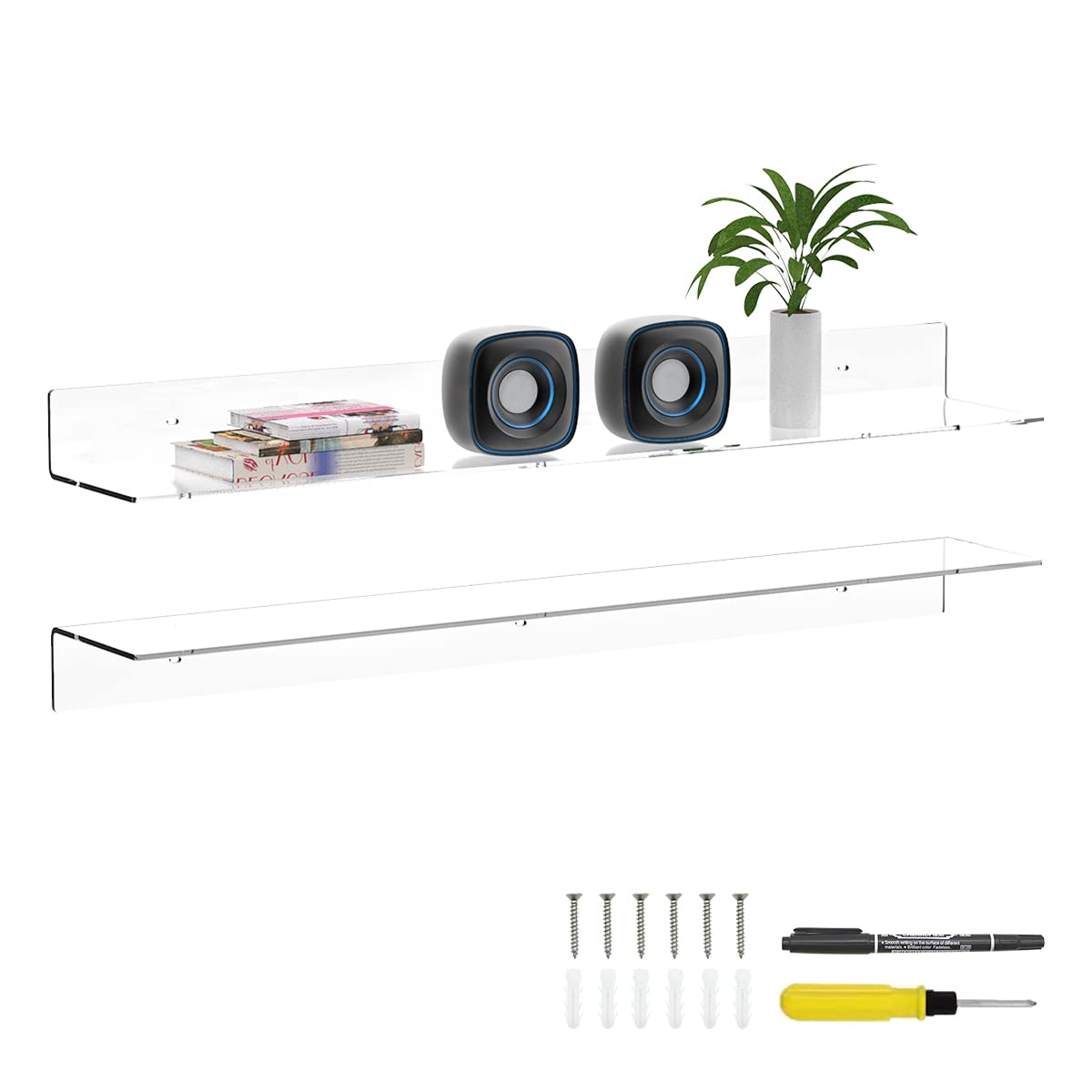 Sezanrpt 36 Inches Clear Long Floating Shelves for Wall, Acrylic Long Wall Shelf, Wall Mounted Shelves for Plants, Radio, Funko 
