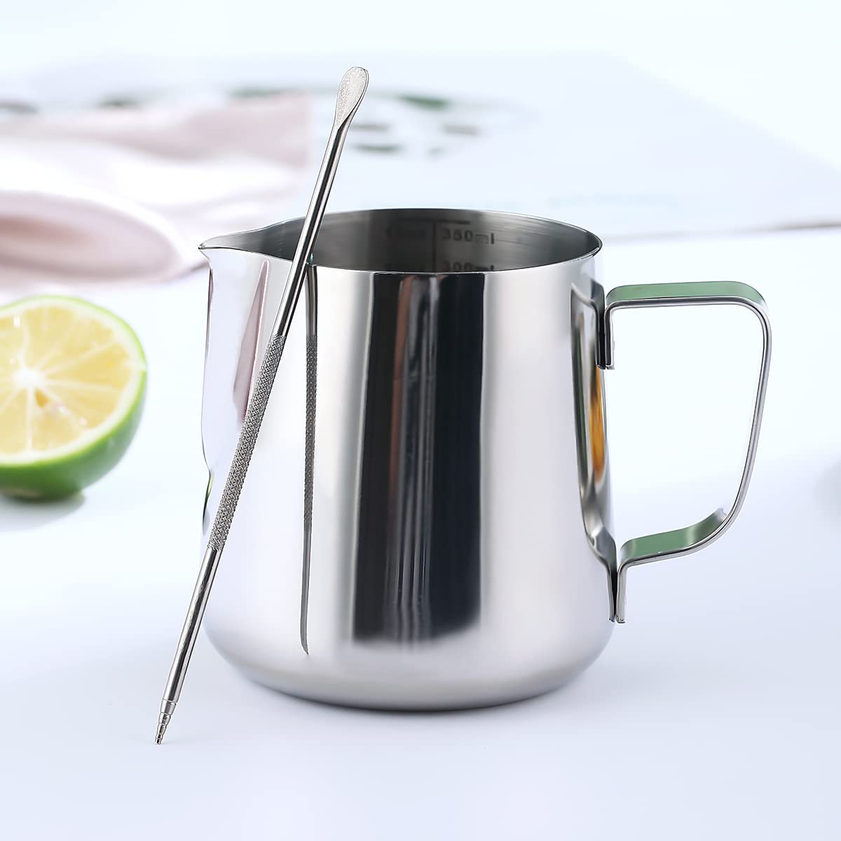 Milk Frothing Pitcher 12Oz - 350Ml, Kyraton Stainless Steel Espresso Steaming Pitchers With Decorating Pen,Milk Coffee Frother C
