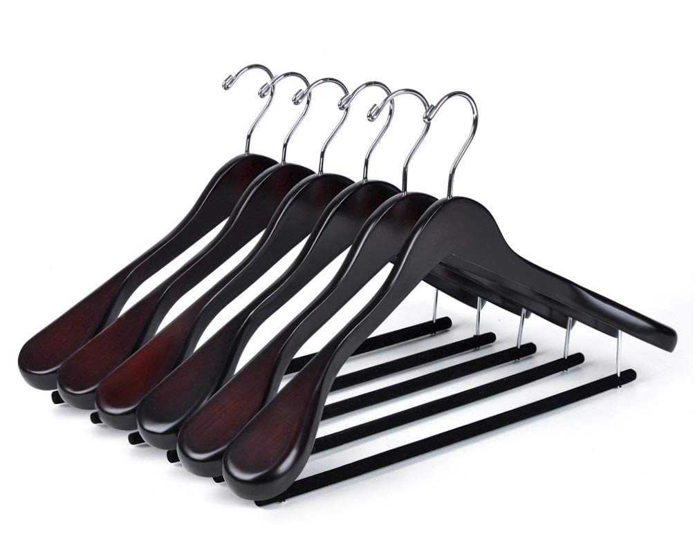 Luxury Wide Shoulder Wooden Hangers 6 Pack, With Velvet Bar, Smooth Mahogany Finish Wood Suit Hanger Coat Hanger For Closet, Hol