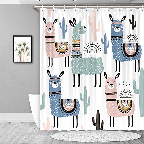 Jawo Cute Llama Decor Kids Shower Curtain, Colorful Cartoon Animal And Alpaca Cactus Tropical Botanical Pattern Bathroom Fabric