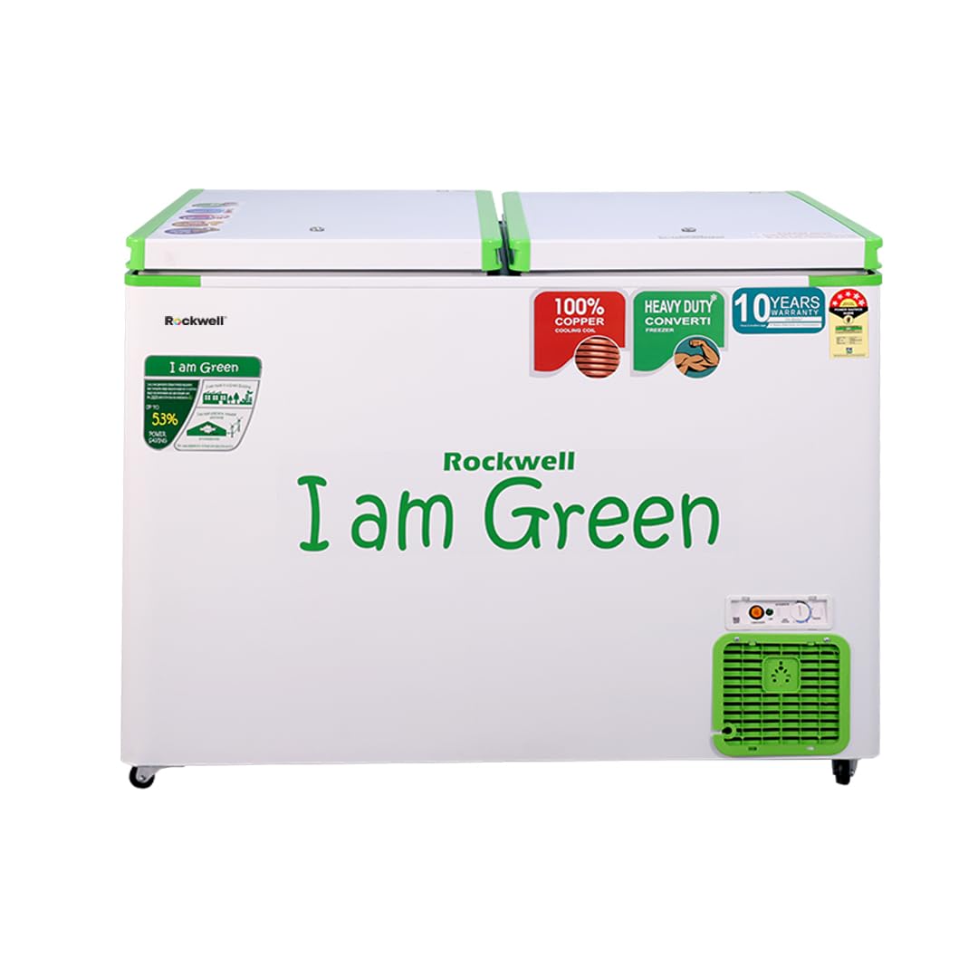 Rockwell 350Dduc Deep Freezer  Double Door, 5 Star, Saves Up To 53% Power, Fast Cooling, Convertible Green Chest Freezer, 10Ye