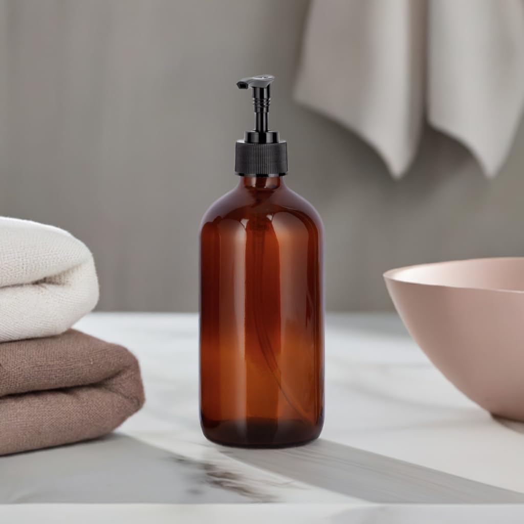 16 Oz Amber Glass Boston Round Bottle With Black Lotion Pump Dispenser (3 Pack)