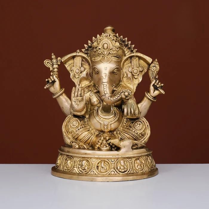 Brass Ganesha Statue With Mosaic, Handcarving Of Astavinayak In The Bottom 27.5 Cm Brass Ganesh Idol, Ganpati Idol House Warming