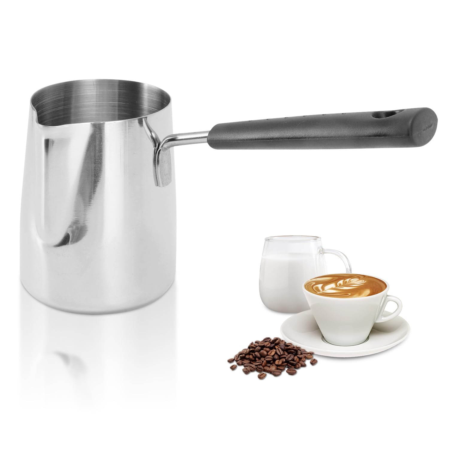 Classics Turkish Coffee Pot, 21oz/600ml Stainless Steel Milk Frothing Jug Long Handle Coffeware Pull Flower Toroid Pitcher Milk 