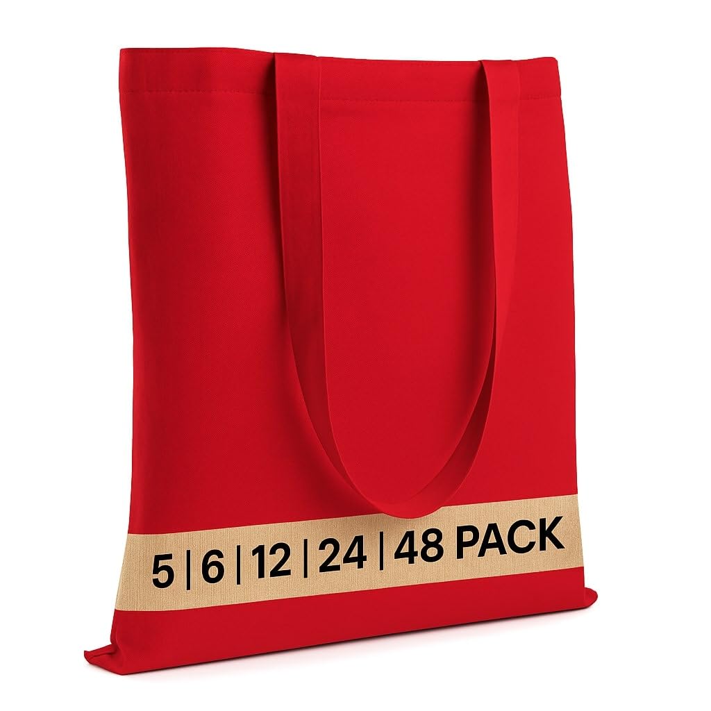 Salt Earth Pack of 5 | 6 | 12 | 24 | 48 - 100% Cotton Reusable Tote Bags - Bulk Grocery, Shopping, DIY, Beach & Gift Use (Red)