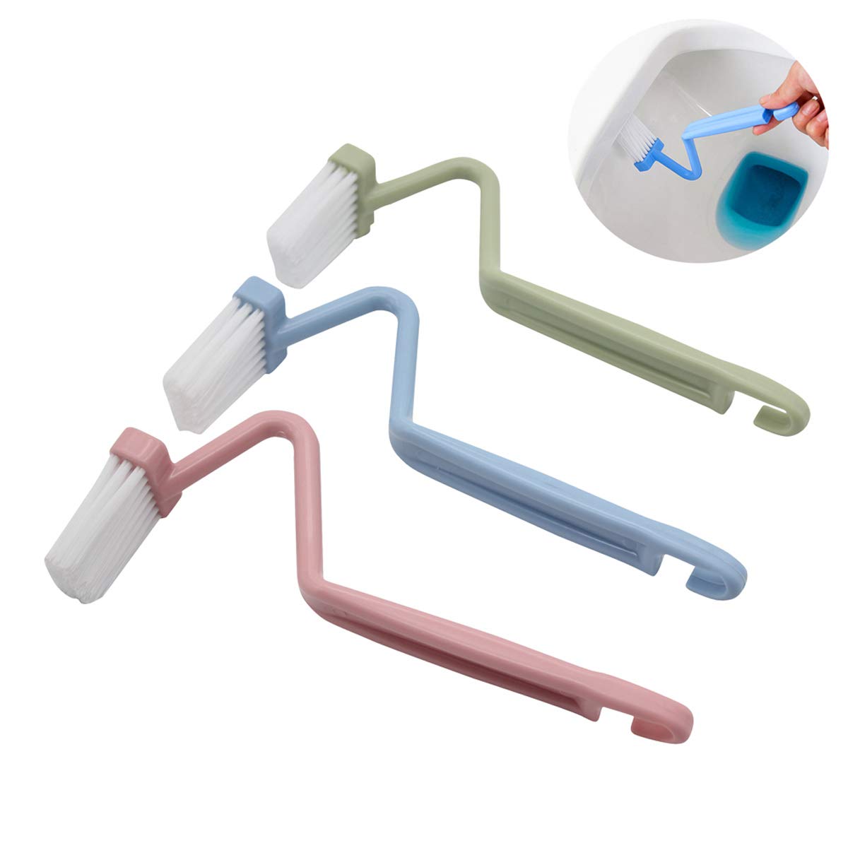 Mziart 8'' V Type Plastic Curved Toilet Brush Cleaning Toilet Corner Rim (Blue, Green, Red, Pack Of 2)
