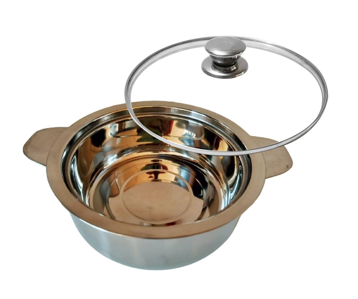 Satre Online and Marketing Stainless Steel Serving Pot with Glass Lid, Hot Pot, Serving Bowl, Insulated Stainless Steel with Gla