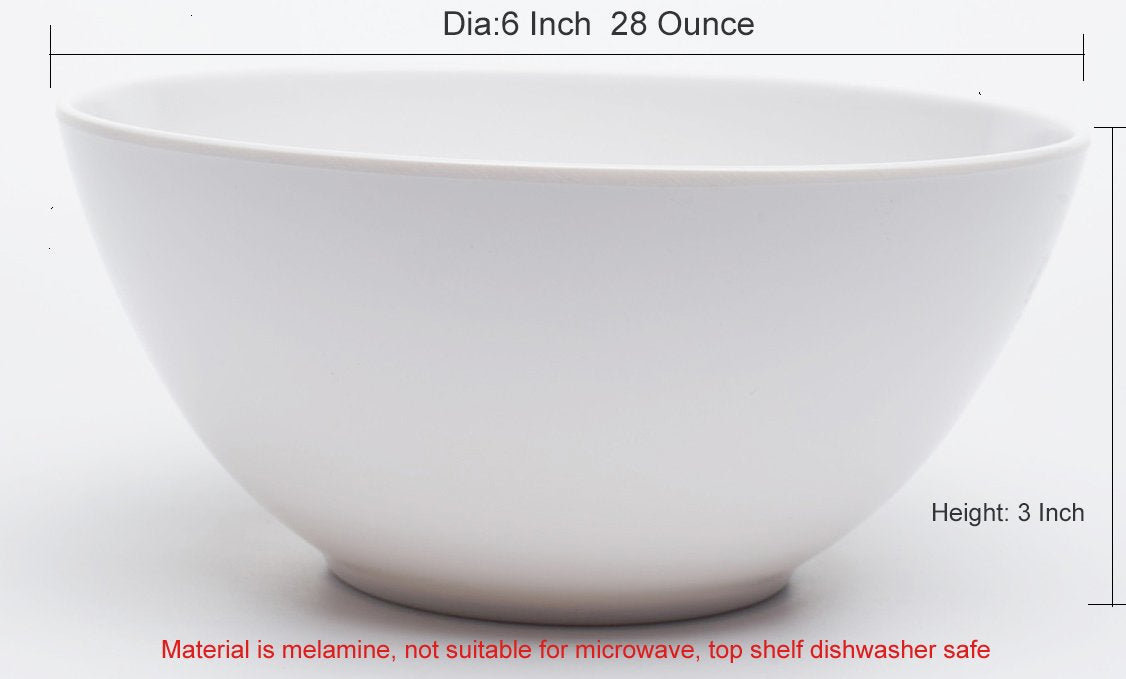 Yinshine Melamine Cereal Bowls - 28Oz White Dinnerware Soup Bowls Set, Pack Of 6
